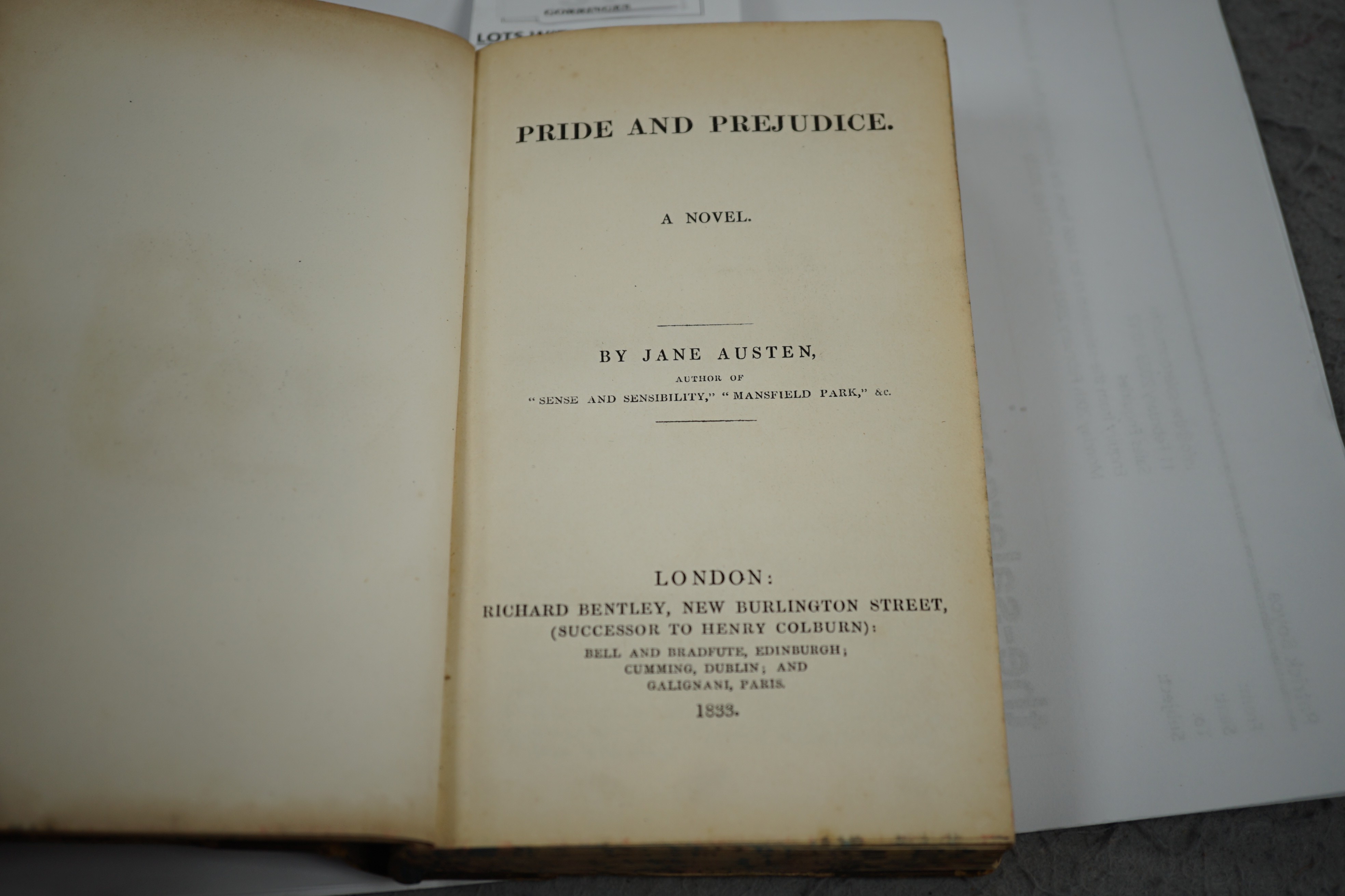 Austen, Jane - Pride and Prejudice. A Novel. First Collected Edition. pictorial engraved and printed titles, frontis; mid 19th century half calf and marbled boards, panelled spine with black label